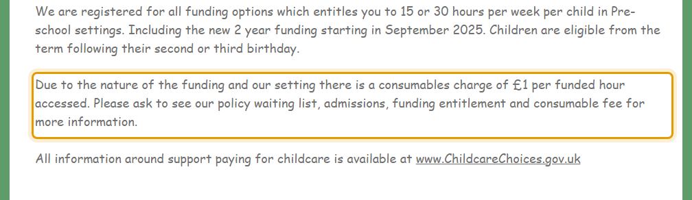 The fees as published on holmevillagepre-school.co.uk/opening-times-fees