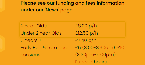 The fees as published on honeybeespreschool.co.uk/info/fees-funding