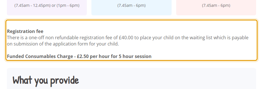 The fees as published on conifersdaynurserykn.co.uk/fees