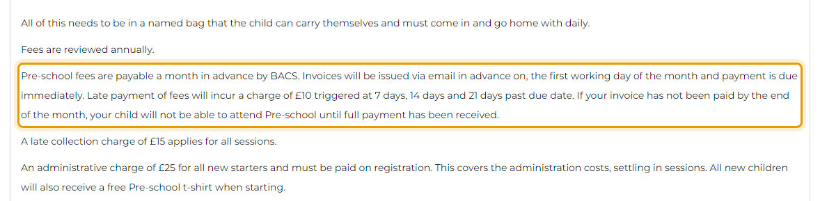 The fees as published on ickwellpreschool.co.uk/feesandsessioninformation