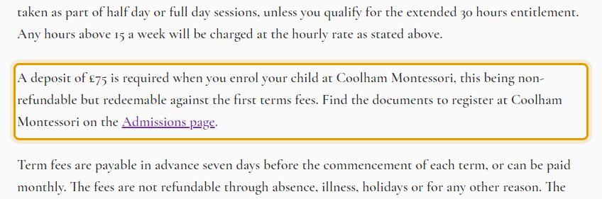 The fees as published on coolhammontessori.co.uk/nursery