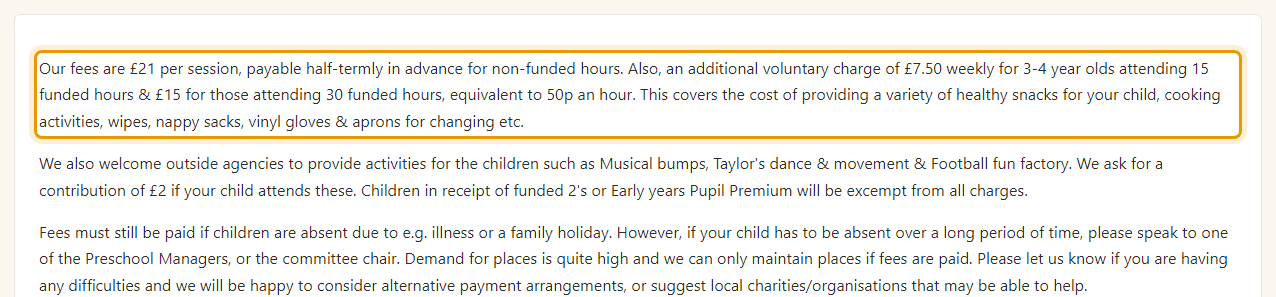 The fees as published on jigsaw-preschool.org.uk/index.php/useful-info/fees