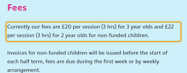 The fees as published on kaleidoscopepreschool.org/sessions-fees-funding