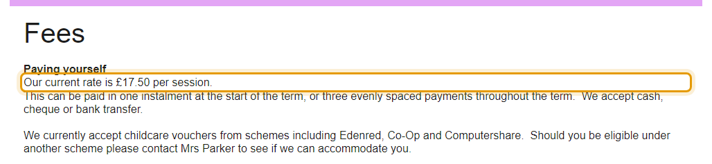 The fees as published on coxheathpreschool.co.uk/session