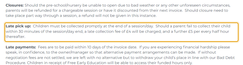 The fees as published on kidsplaypreschool.co.uk/opening-times