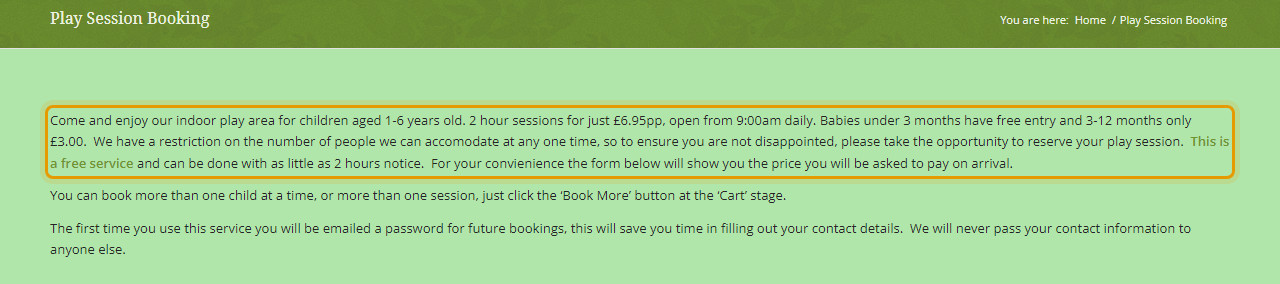 The fees as published on kidzkaboom.co.uk/play-session-booking