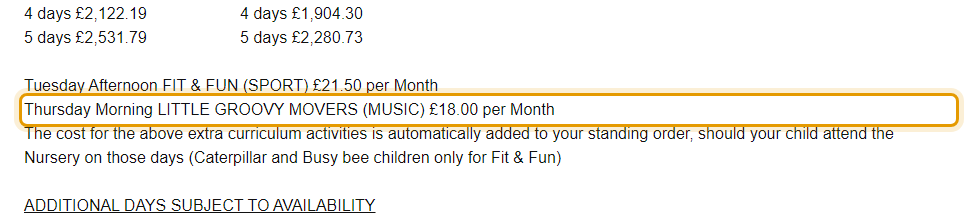 The fees as published on kingsroadnursery.com/landing-page