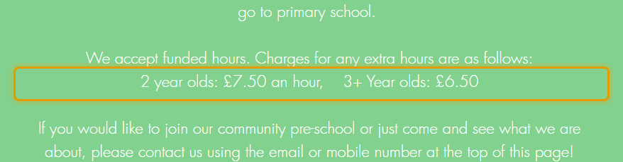 The fees as published on kintburypreschool.com/about-us