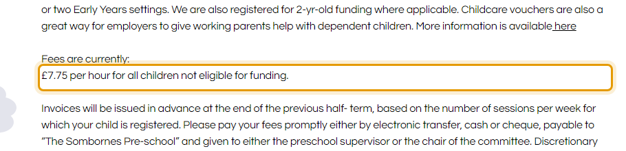The fees as published on kspreschool.co.uk/session-times-fees