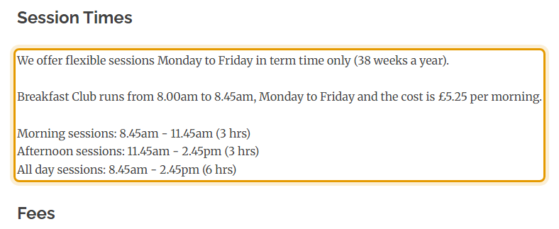 The fees as published on langhampreschool.co.uk/sessions-fees