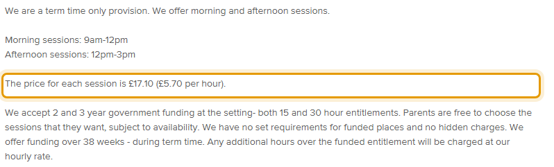 The fees as published on leafieldpreschool.org.uk/session-times-prices