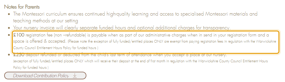 The fees as published on leamingtonmontessori.com/blank