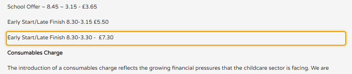 The fees as published on dandelions-preschool.co.uk/finance-1