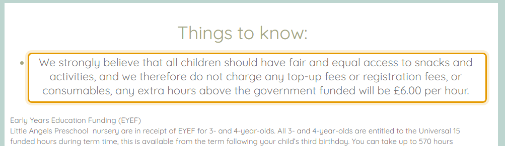 The fees as published on littleangelsnurseryhamworthy.co.uk/sessions-fees
