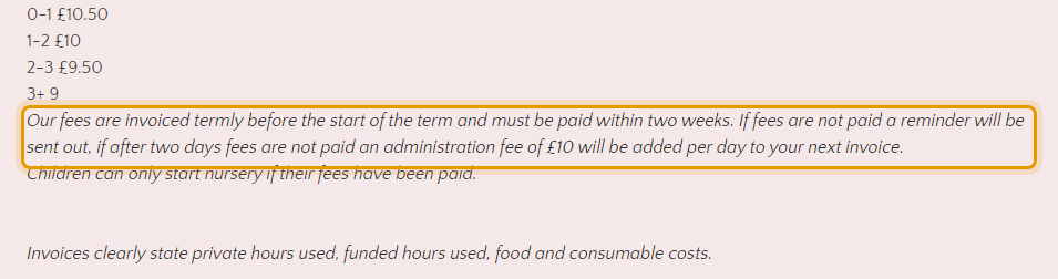 The fees as published on littleblossomsnurseryschool.com/fees.html