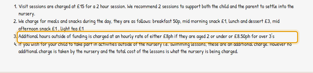The fees as published on littlefeetnursery.co.uk/fees