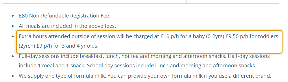 The fees as published on littlefledglingsnursery.co.uk/fees--hours.html