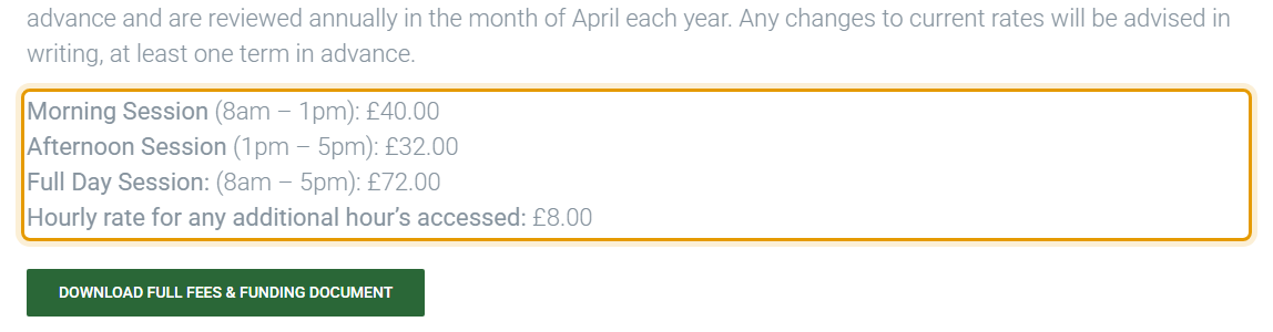 The fees as published on littleforestpreschool.co.uk/fees-and-funding