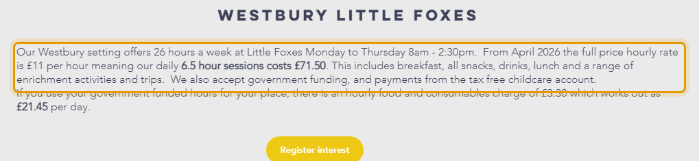 The fees as published on littlefoxesforestschool.com/fees-and-pricing
