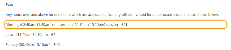 The fees as published on dittonlodgenursery.org.uk/admissions