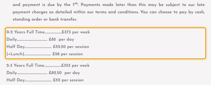 The fees as published on littleonesnursery.co.uk/fees