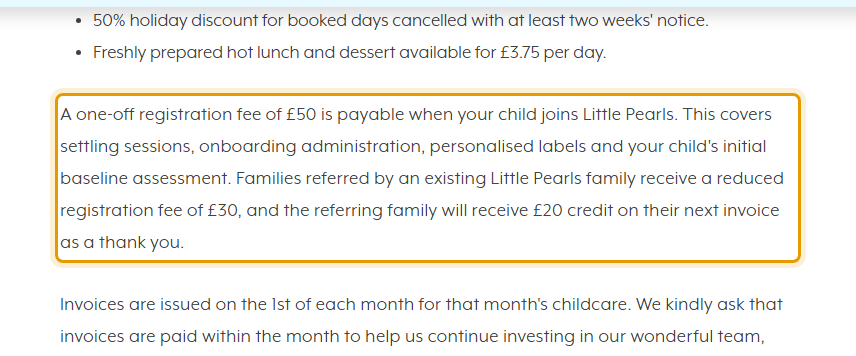 The fees as published on littlepearls.co.uk/fees-and-help-with-finances