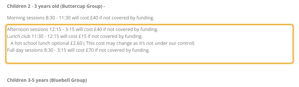The fees as published on littlerobinspre-school.com/costs