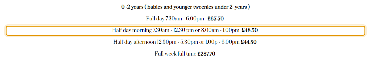 The fees as published on littlesparksnursery.com/fees-grants