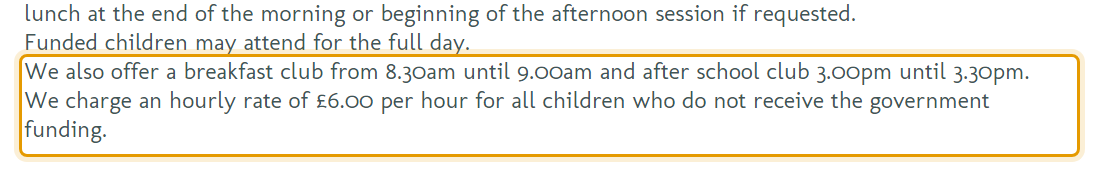 The fees as published on dovecotepreschool.co.uk