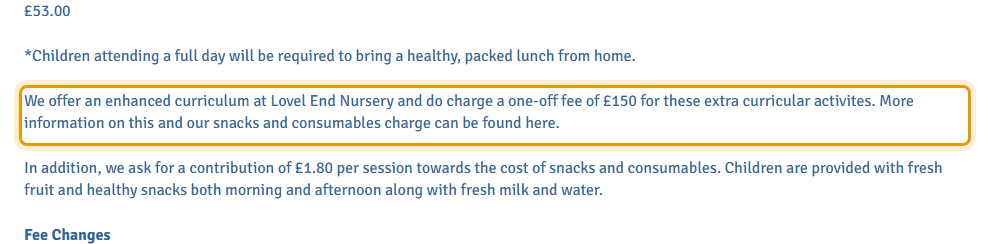 The fees as published on lovelendnursery.com/nurseryfees