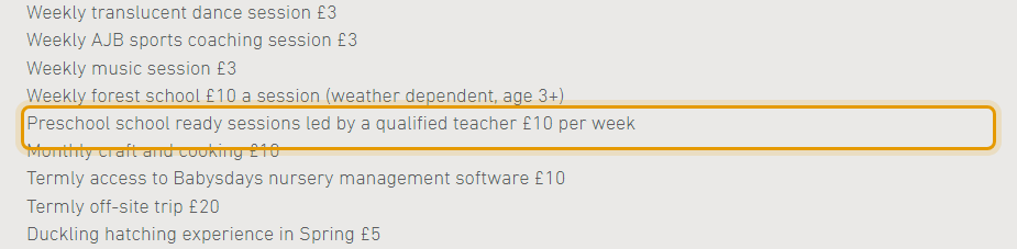 The fees as published on lowesmoornursery.co.uk/sessions-and-fees