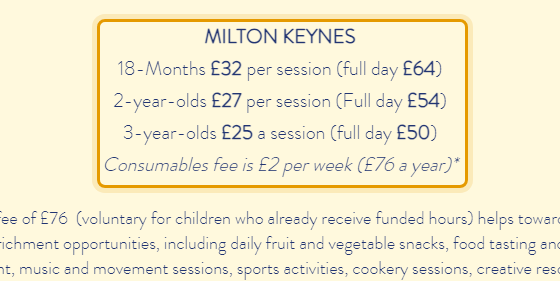 The fees as published on ducklingspreschool.co.uk/pricing