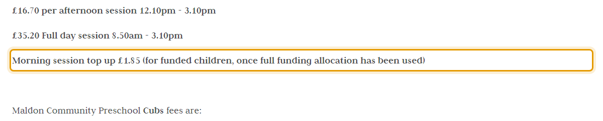 The fees as published on maldoncommunitypreschool.co.uk/fees