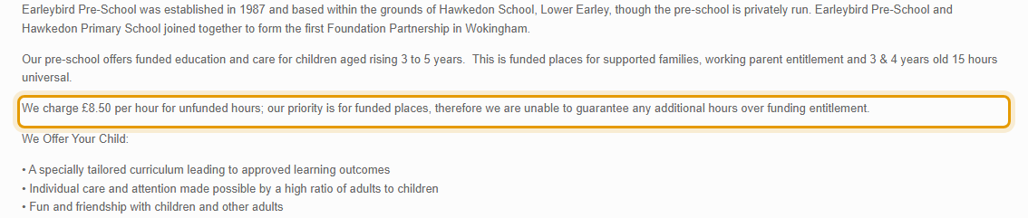 The fees as published on earleybird.org.uk/about-us