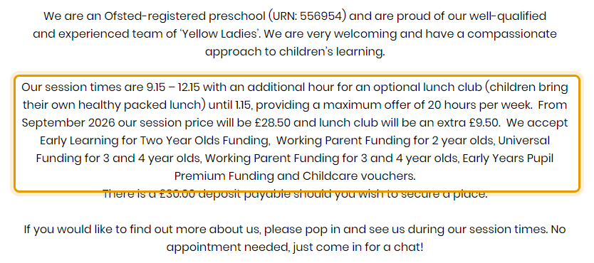 The fees as published on mayfordpre-school.co.uk