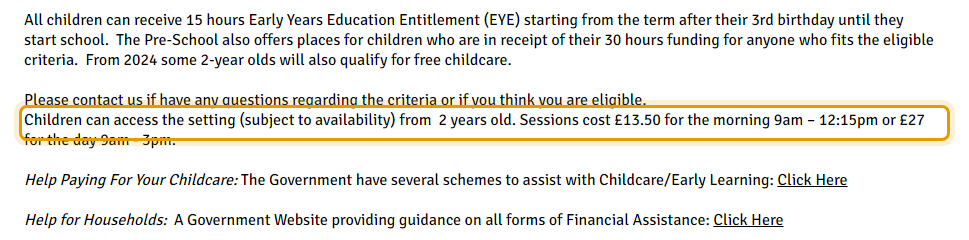 The fees as published on moorevillagepreschool.org/fees-funding