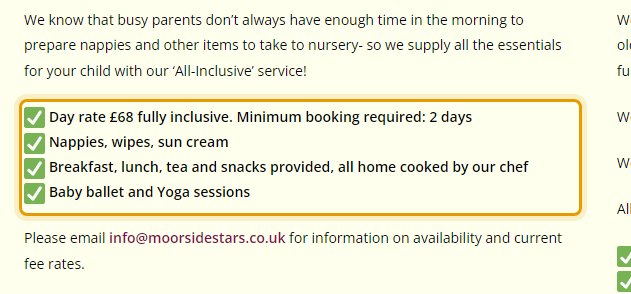 The fees as published on moorsidestars.co.uk/fees