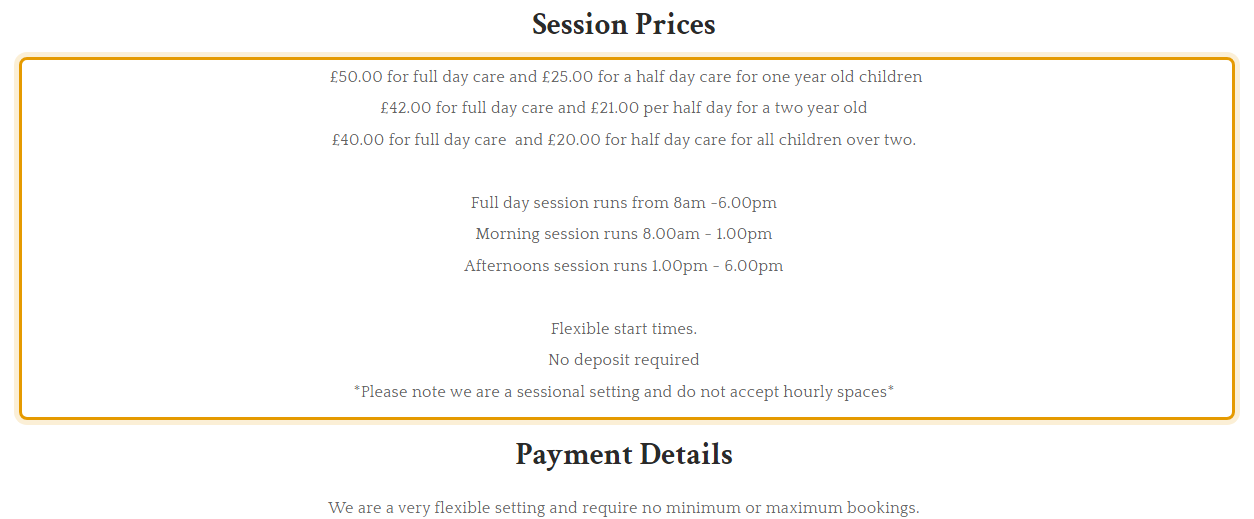 The fees as published on muckypupspreschool.com/pricing-payment--funded-plac…