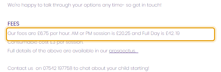 The fees as published on muscliffpreschool.co.uk/fundinghoursfees