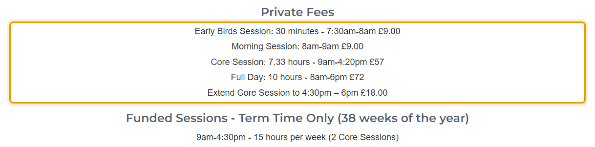 The fees as published on edgemoornursery.com/index.php/fees