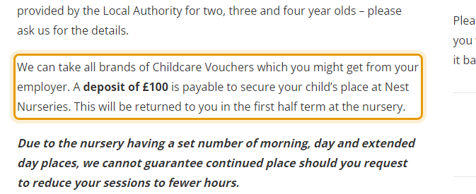 The fees as published on nestnursery.org/fees-places