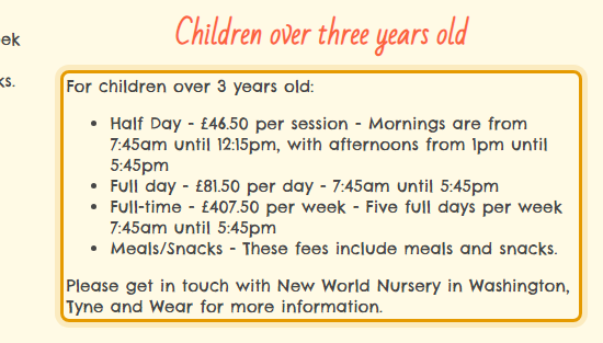 The fees as published on newworldnursery.com/fees