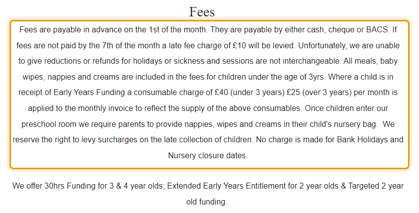 The fees as published on emmergreenkindergarten.co.uk/fees