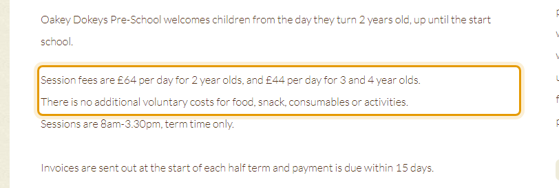 The fees as published on oakeydokeys.co.uk/fees-and-funding