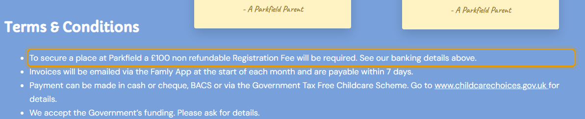The fees as published on parkfieldnursery.co.uk/fees