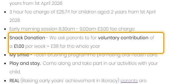 The fees as published on parklanenursery.com