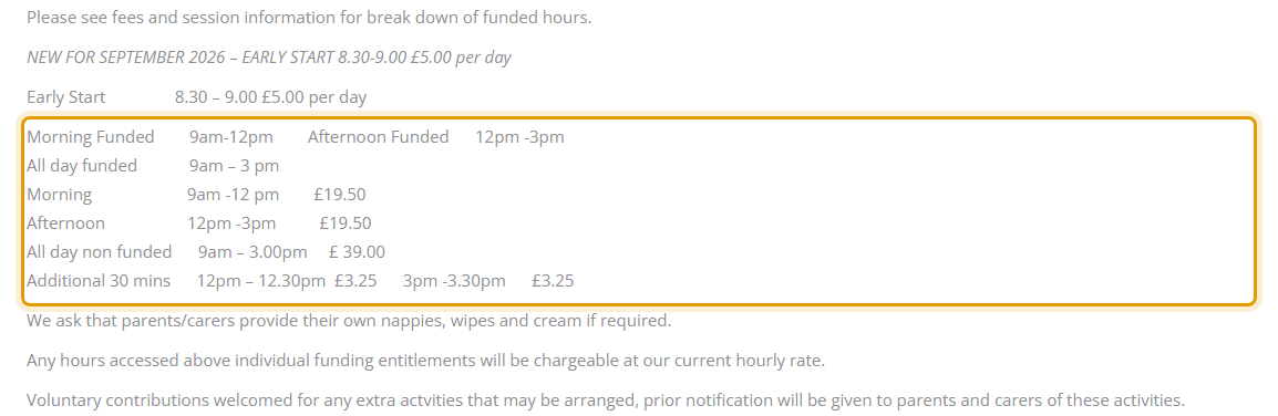 The fees as published on paulerspurypreschool.co.uk/about-us