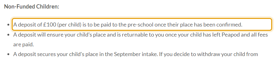 The fees as published on peapodpreschool.co.uk/fees-deposit-funding