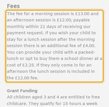 The fees as published on pebblespreschool.co.uk