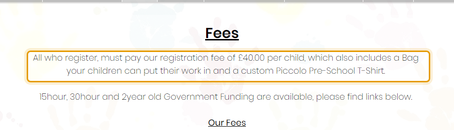 The fees as published on piccolopreschoolnursery.co.uk/fees